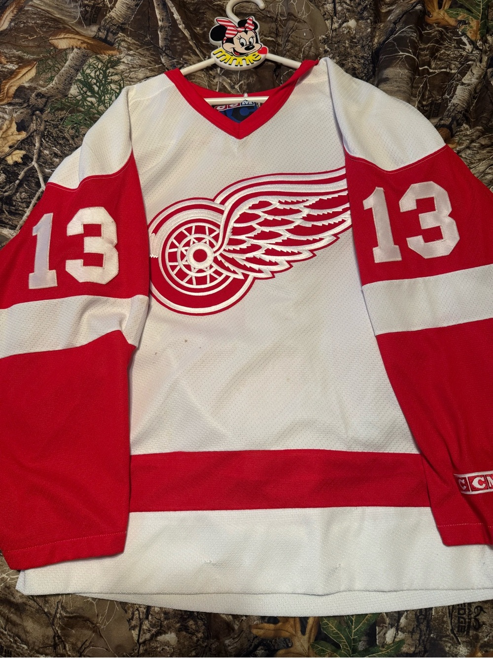 CCM White and Red Hockey Jersey Collar Close-Up